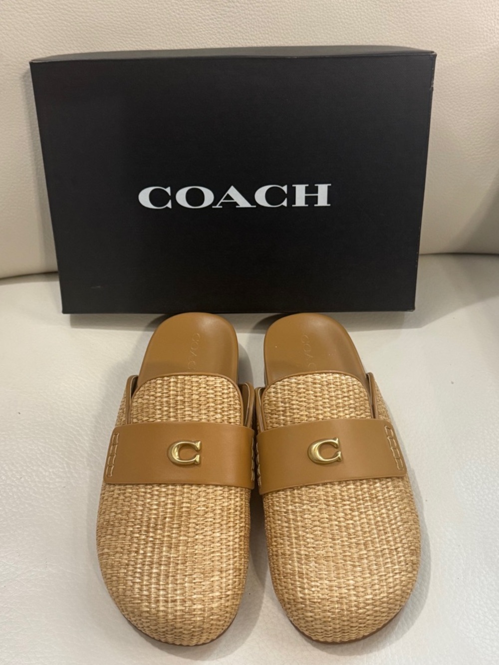 🤎 Coach Bag Natural Tan Straw Raffia Gold & Leather Slip-On Mule Clog Sneaker 11